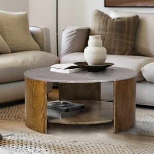 Keegan Round Mixed Material Coffee Table with Shelf in Oak/Marble From INK+IVY