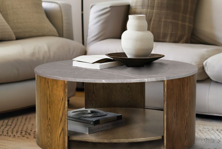 Keegan Round Mixed Material Coffee Table with Shelf in Oak/Marble From INK+IVY