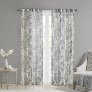 Simone Printed Floral Rod Pocket and Back Tab Voile Sheer Curtain in White From Madison Park