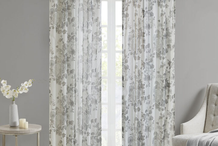 Simone Printed Floral Rod Pocket and Back Tab Voile Sheer Curtain in White From Madison Park