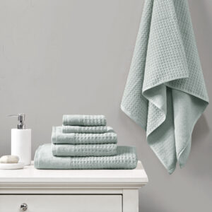 Spa Waffle Cotton Waffle Jacquard Antimicrobial Bath Towel 6 Piece Set in Seafoam From Madison Park