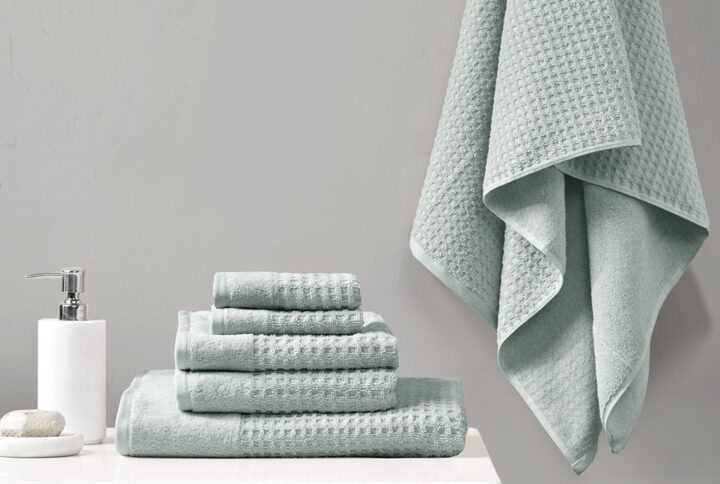 Spa Waffle Cotton Waffle Jacquard Antimicrobial Bath Towel 6 Piece Set in Seafoam From Madison Park