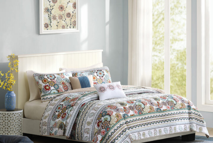 Tamira Reversible Quilt Set with Throw Pillows in Multi From Intelligent Design