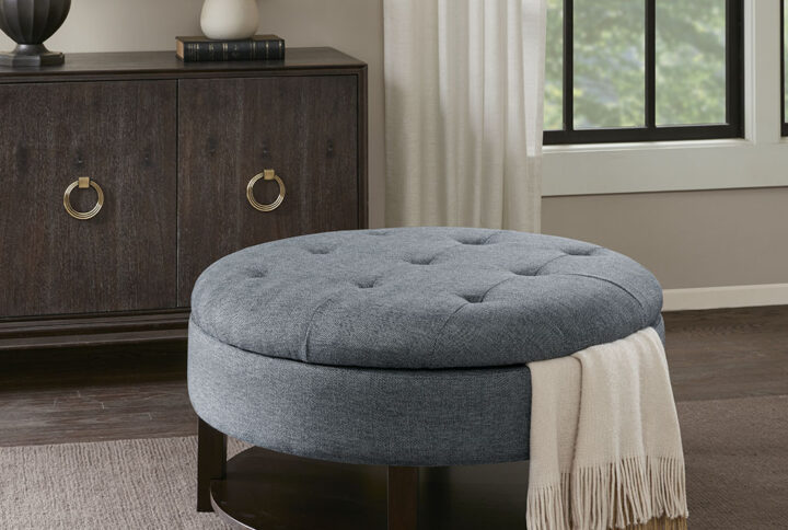 Miller Round Storage Ottoman in Denim/Brown From Madison Park