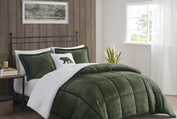 Alton Plush to Sherpa Down Alternative Comforter Set in Green/Ivory From Woolrich