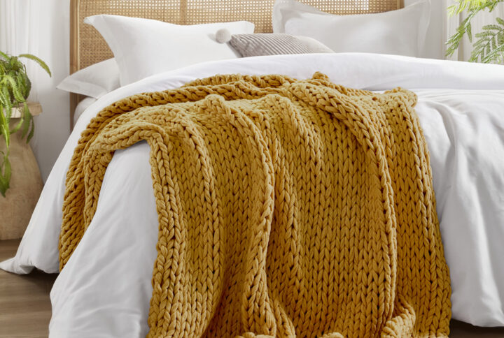 Chunky Double Knit Hand Made Chunky Double Knit Throw Blanket in Yellow From Madison Park