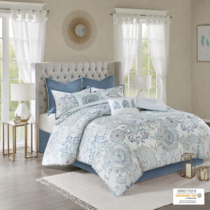 Isla 8 Piece Cotton Floral Printed Reversible Comforter Set in Blue From Madison Park