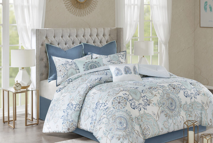 Isla 8 Piece Cotton Floral Printed Reversible Comforter Set in Blue From Madison Park