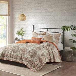 Tangiers 6 Piece Reversible Quilt Set with Throw Pillows in Orange From Madison Park