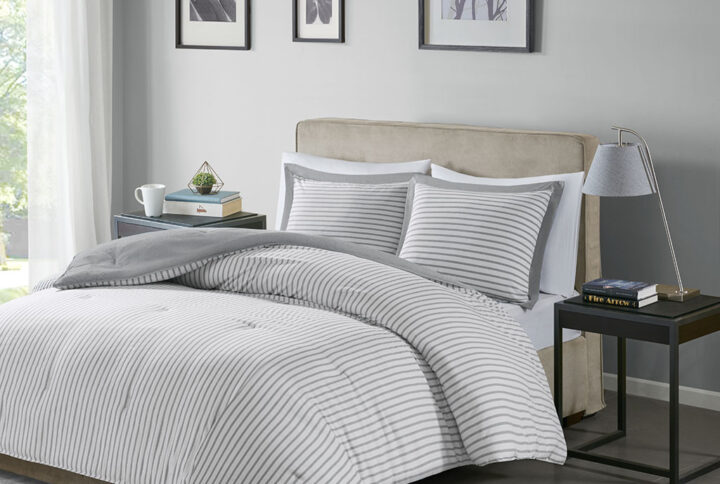 Hayden Reversible Yarn Dyed Stripe Down Alternative Comforter Set in Grey From Madison Park Essentials