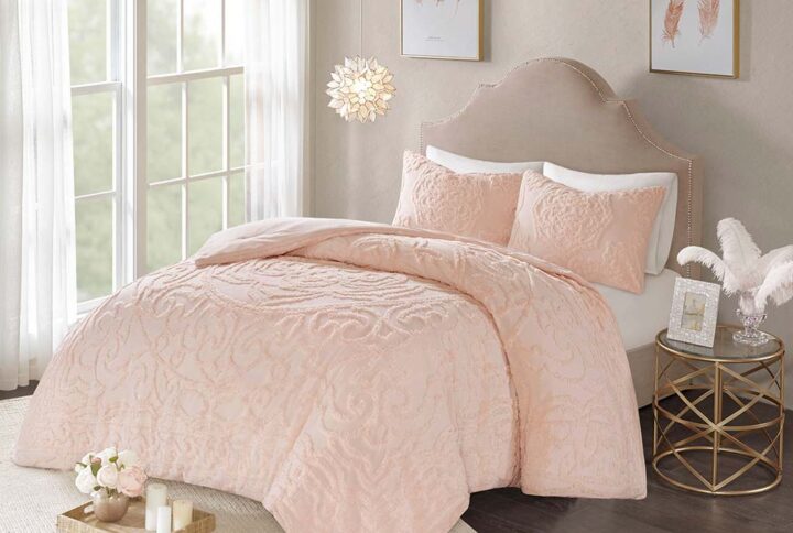 Laetitia 3-Piece Tufted Cotton Chenille Medallion Comforter Set in Blush From Madison Park