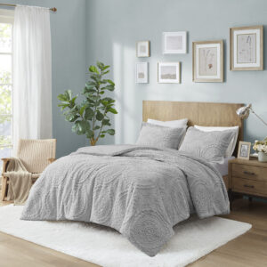 Arya Embroidered Medallion Faux Fur Ultra Plush Comforter Mini Set in Grey From Madison Park