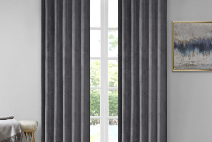 Colt Room Darkening Metallic Printed Poly Velvet Rod Pocket/Back Tab Window Panel Pair in Charcoal From 510 Design