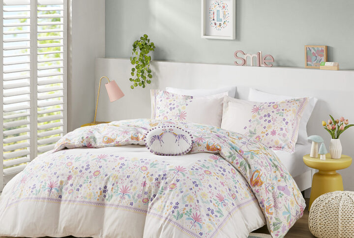 Lulu Floral Reversible Cotton Duvet Cover Set with Throw Pillow in Purple From Urban Habitat Kids