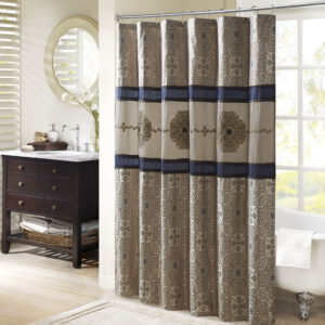 Donovan Embroidered Shower Curtain in Navy From Madison Park