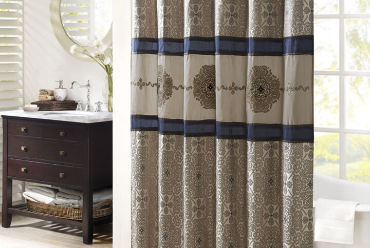 Donovan Embroidered Shower Curtain in Navy From Madison Park