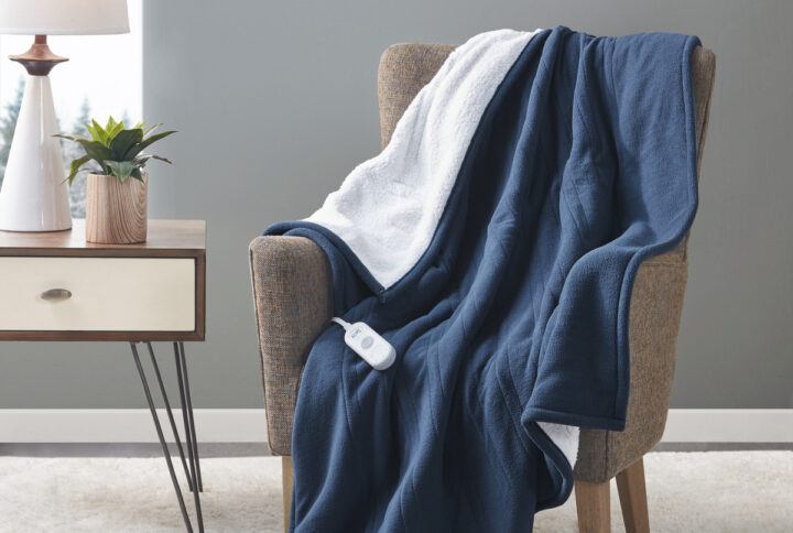 Fleece to Sherpa Heated Throw in Blue From Serta