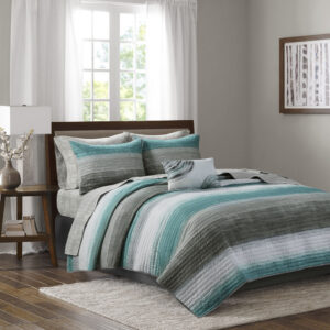 Saben 8 Piece Quilt Set with Cotton Bed Sheets in Aqua From Madison Park Essentials