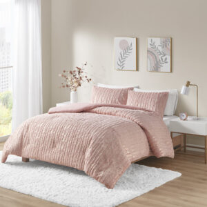 Naomi Metallic Print Faux Fur Comforter Set in Blush/Gold From Intelligent Design