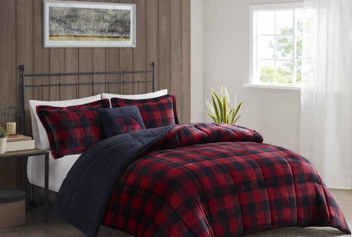 Alton Plush to Sherpa Down Alternative Comforter Set in Red/Black Buffalo Check From Woolrich