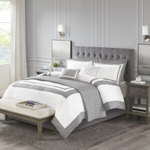 Heritage 8 Piece Comforter and Quilt Set Collection in Grey From Madison Park