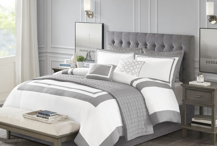 Heritage 8 Piece Comforter and Quilt Set Collection in Grey From Madison Park