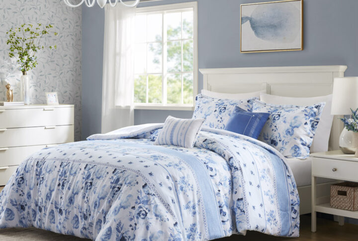 Christa Floral Striped Comforter Set in Blue From Intelligent Design