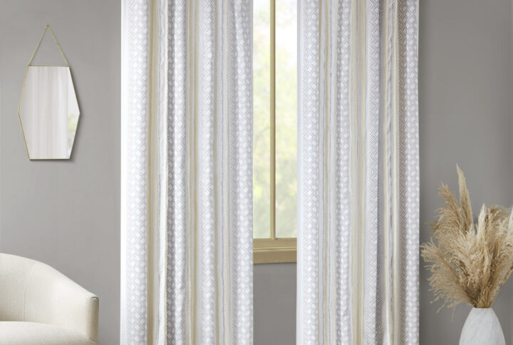 Ebby 2pk Poly Printed Curtain Panel with Tufted Stripe in White/Taupe From INK+IVY