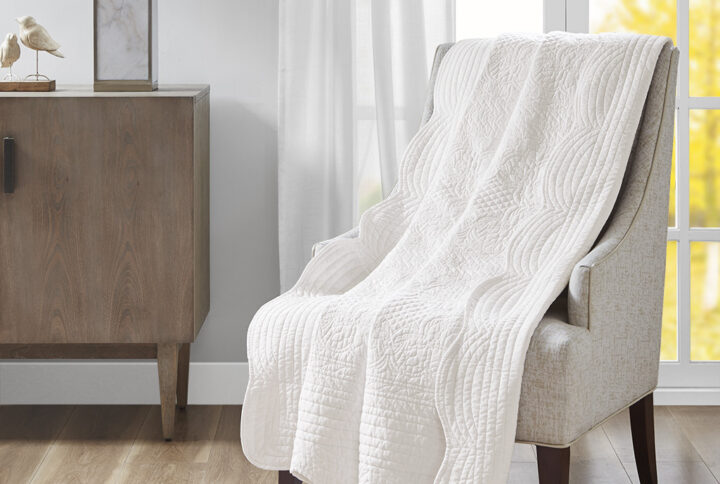 Tuscany Oversized Quilted Throw with Scalloped Edges in White From Madison Park