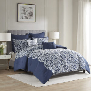 Rana 7 Piece Flocking Comforter Set with Euro Shams and Throw Pillows in Navy From Madison Park