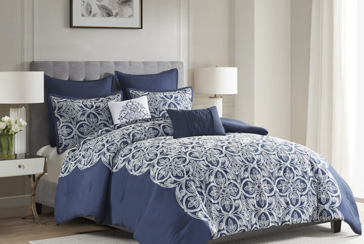 Rana 7 Piece Flocking Comforter Set with Euro Shams and Throw Pillows in Navy From Madison Park