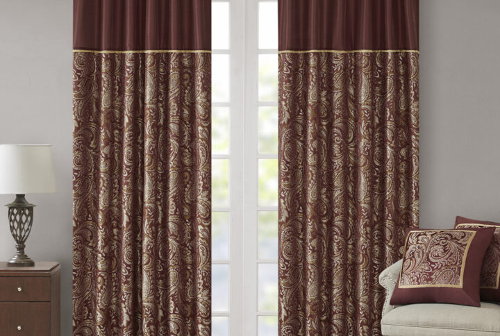 Aubrey Jacquard Curtain Panel Pair in Burgundy From Madison Park