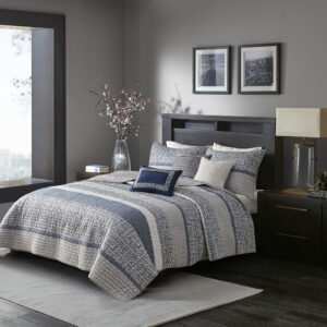 Rhapsody 6 Piece Reversible Jacquard Quilt Set with Throw Pillows in Navy From Madison Park