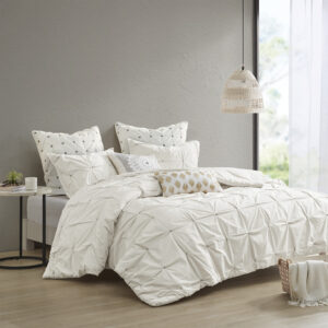 Masie 3 Piece Elastic Embroidered Cotton Duvet Cover Set in White From INK+IVY