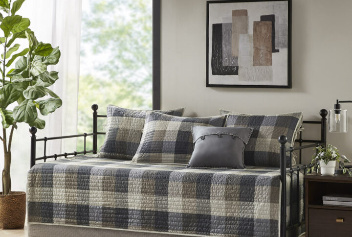 Ridge 6 Piece Reversible Plaid Daybed Cover Set in Neutral From Madison Park