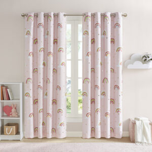 Alicia Rainbow with Metallic Printed Total Blackout Curtain Panel in Pink From Mi Zone Kids