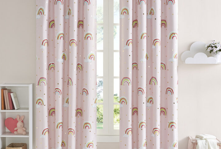 Alicia Rainbow with Metallic Printed Total Blackout Curtain Panel in Pink From Mi Zone Kids