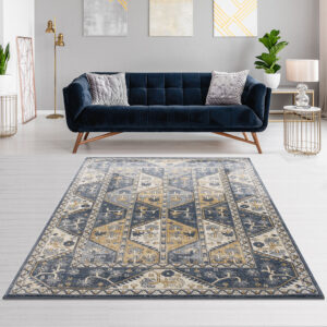 Dakota Tiled Border Area Rug in Blue/Cream From Madison Park