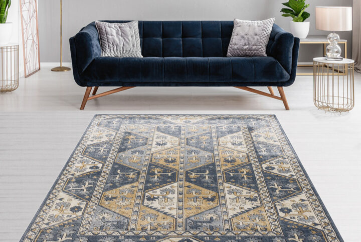 Dakota Tiled Border Area Rug in Blue/Cream From Madison Park