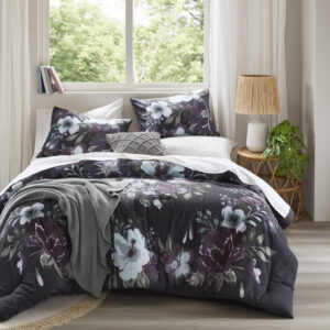 Jolene 3 Piece Cotton Printed Comforter Set in Dark Grey/Plum From Madison Park