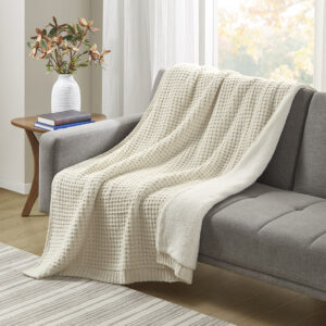 Rowan Waffle Knit Chenille Throw in Ivory From Madison Park