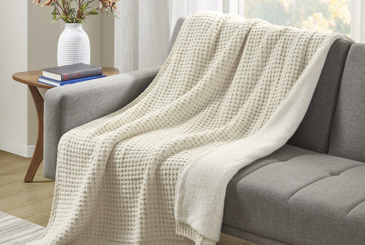 Rowan Waffle Knit Chenille Throw in Ivory From Madison Park