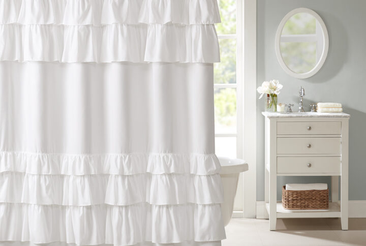 Grace Ruffled Shower Curtain in White From Madison Park