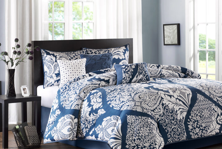 Vienna 7 Piece Cotton Printed Comforter Set in Indigo From Madison Park