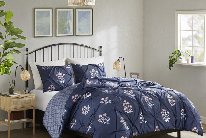 Marfa 3 Piece Pintuck Duvet Cover Set in Navy From Madison Park