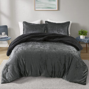 Mira Crushed Velvet Sherpa Reversible Comforter Set in Charcoal From Intelligent Design