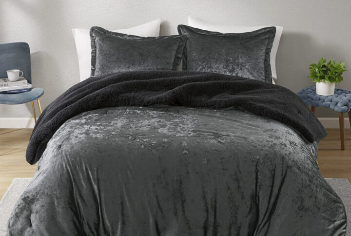 Mira Crushed Velvet Sherpa Reversible Comforter Set in Charcoal From Intelligent Design