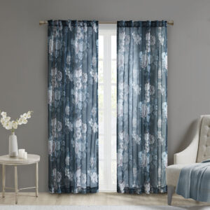 Simone Printed Floral Rod Pocket and Back Tab Voile Sheer Curtain in Navy From Madison Park