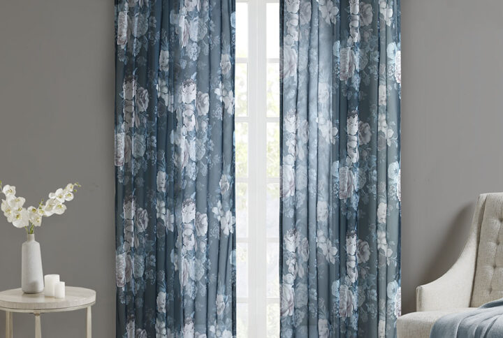 Simone Printed Floral Rod Pocket and Back Tab Voile Sheer Curtain in Navy From Madison Park