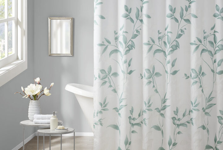 Cecily Burnout Printed Shower Curtain in Seafoam From Madison Park